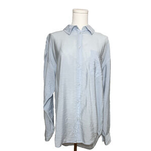 Catwalk Junkie Light Ice Blue Tailored Long Button Up Silk Style Blouse Medium